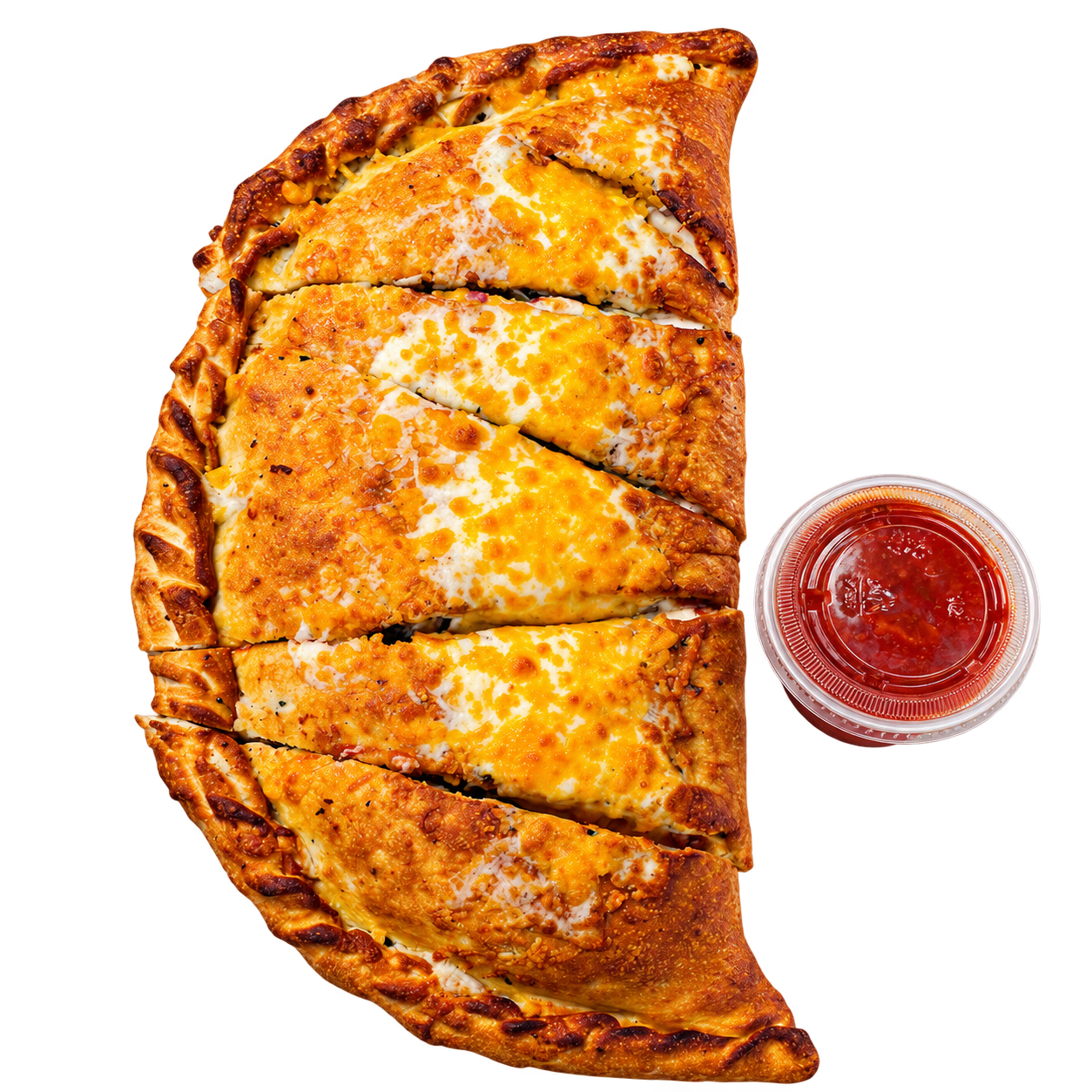 Golden stuffed calzone with a cup of marinara sauce from Jomaa's Capilano